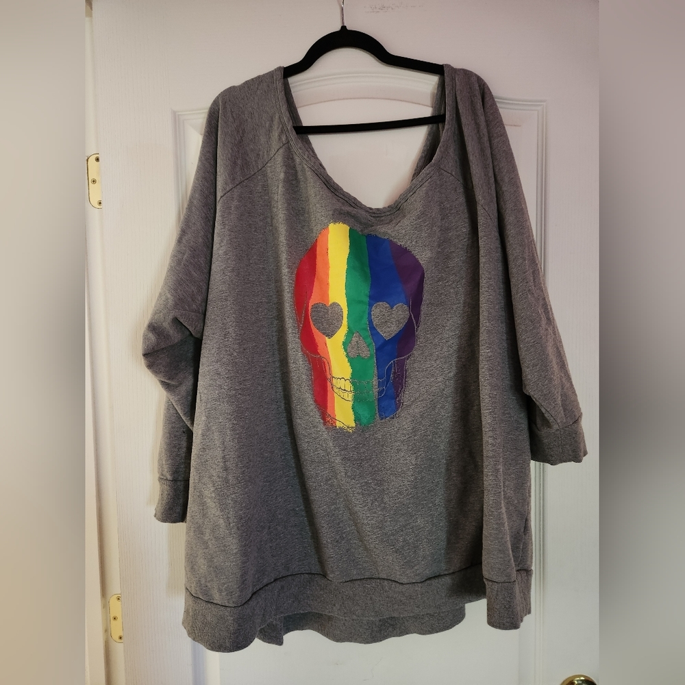 Torrid Size 6 Off the Should Sweatshirt with Rainbow Skull Grey Top Plus Size